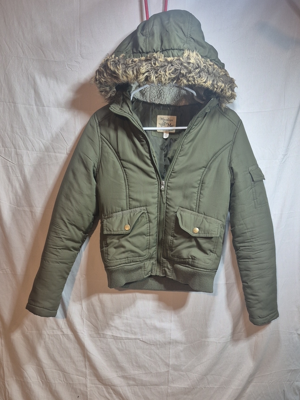 Maralyn & Me Olive Green Hooded Puffer Jacket with Faux Fur Trim